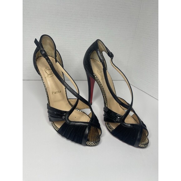 Christian Louboutin Black Leather and Suede Divinoche Peep Toe Pumps Size 39 - Picture 1 of 11